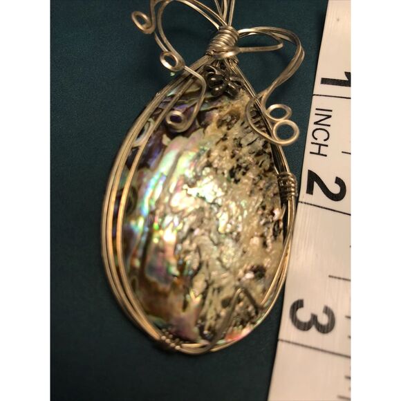 Artisan Abalone Shell Sterling Wire Wrapped Pendent 3” Minimalist - Picture 7 of 9